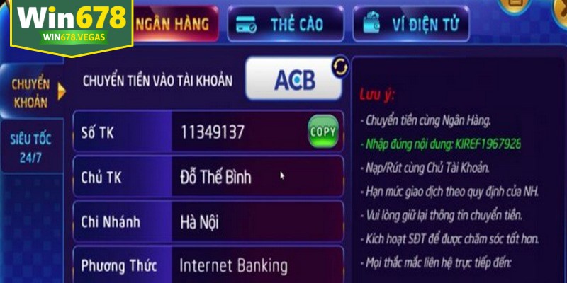 Rút tiền WIN678 qua tài khoản ngân hàng là phương thức nhanh chóng, an toàn