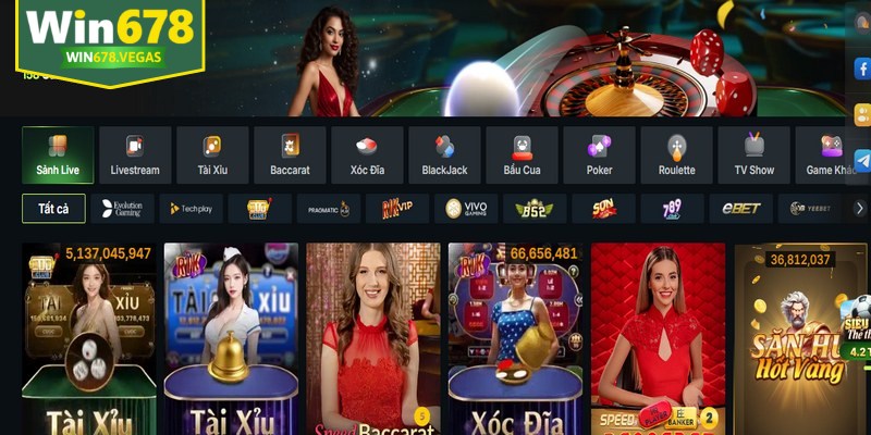 Sảnh Casino tại WIN678 tái hiện không khí sòng bài thực tế đẳng cấp